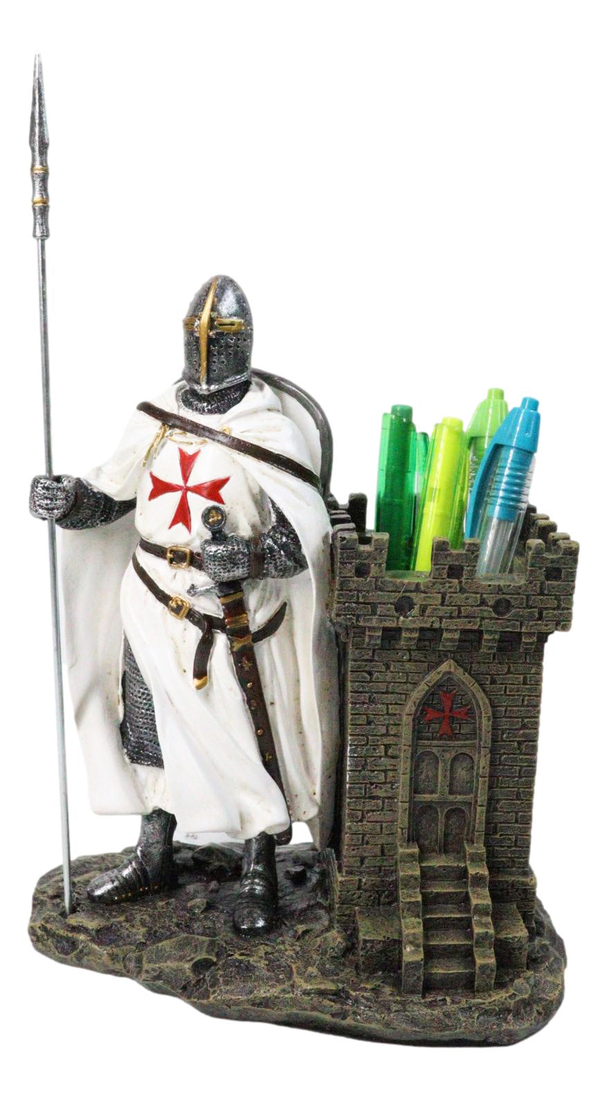 Ebros Templar Crusader Knight Castle Pen & Stationery Holder Figurine