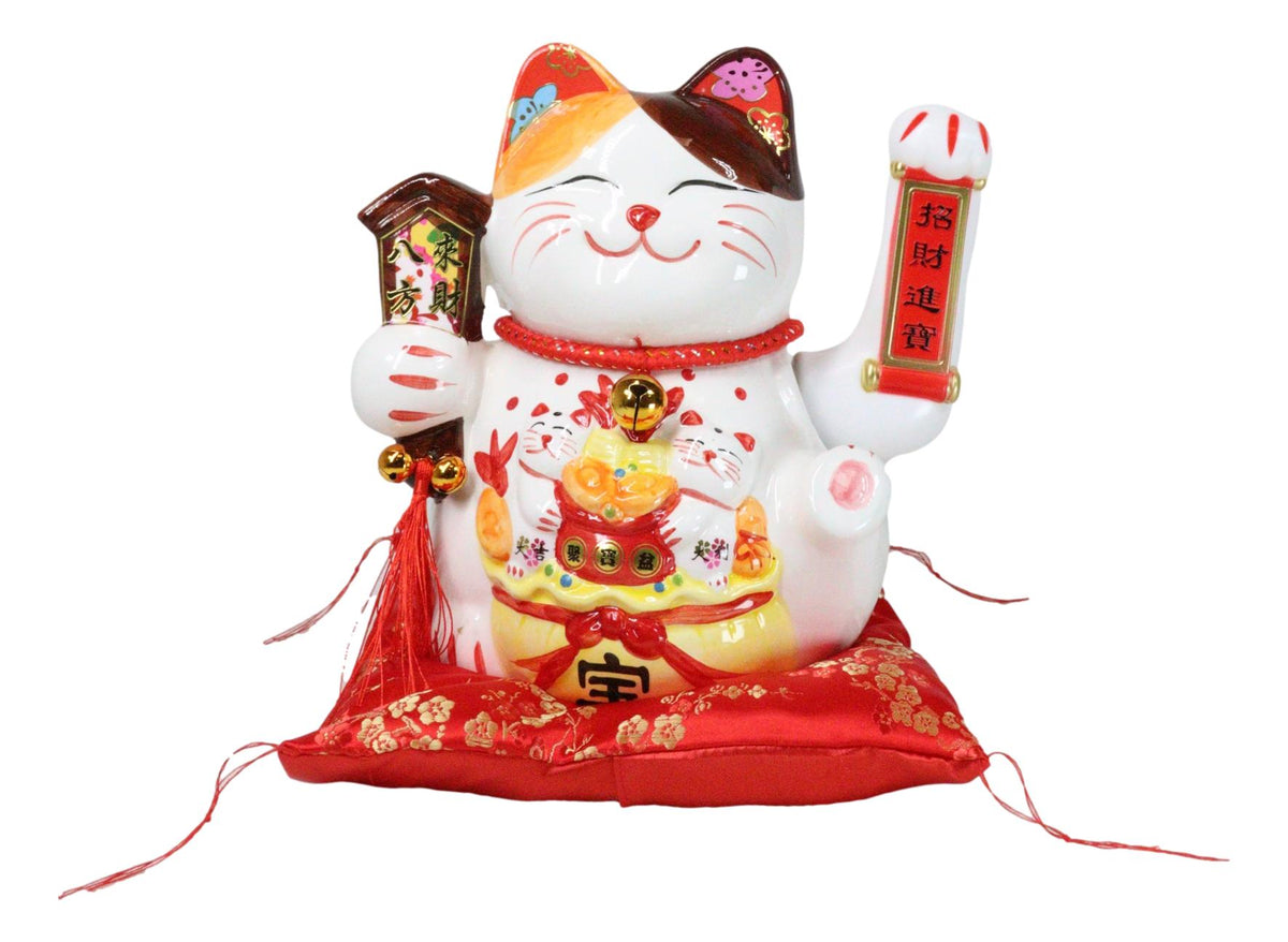 Japanese Lucky Charm White Beckoning Cat Maneki Neko With Waving Arm Figurine 9" - Ebros Gift