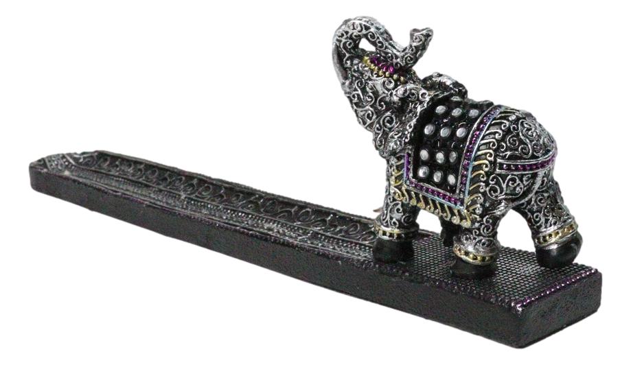 Feng Shui Buddhist Thai Tooled Elephant Trunk Up Incense Burner Holder 9.5 Inch