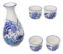 Great Wave Kanagawa Hokusai Porcelain Sake Flask And 4 Ochoko Cups Set