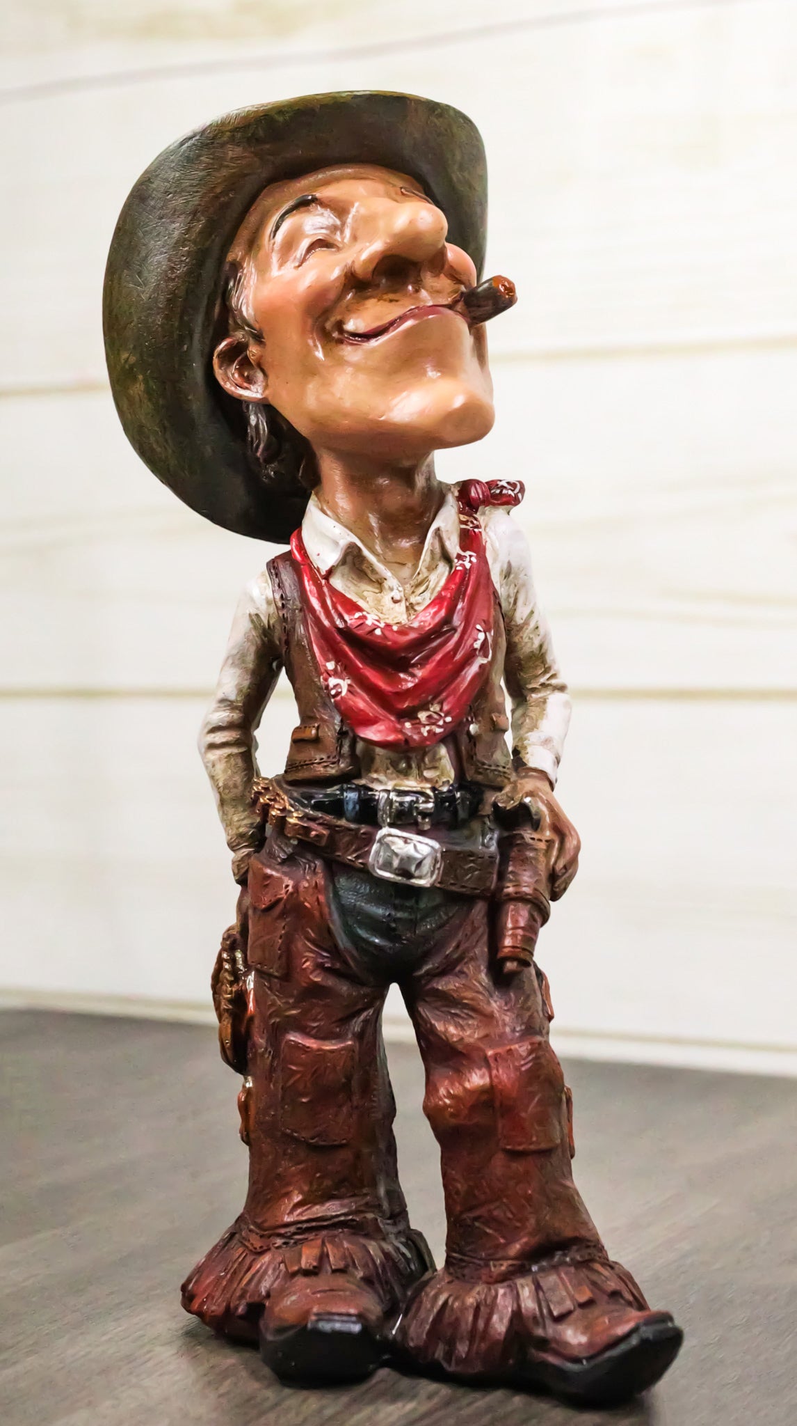Rustic Western Cartoon Cowboy With Hat Gun Rope Saddle Smoking Cigar Figurine