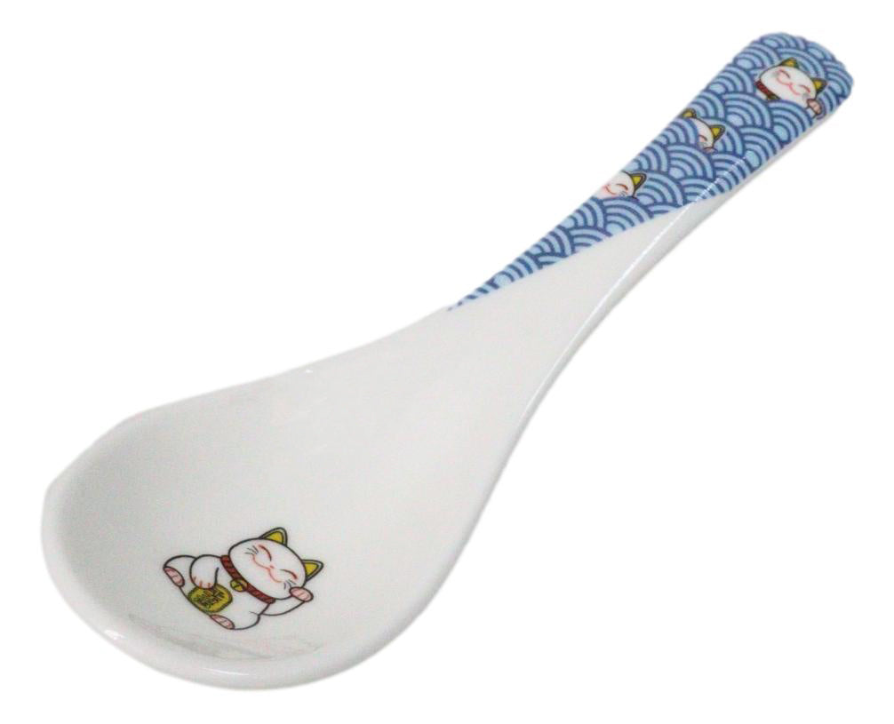 Set of 6 Lucky Cat Maneki Neko Porcelain Asian Soup Spoons Japanese Ramen Pho