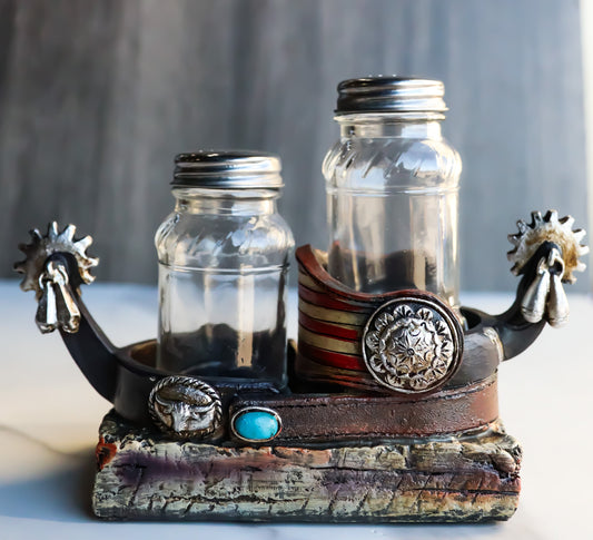 Western Cowboy Boot Spurs USA Flag Conchos Faux Leather Salt Pepper Shakers Set - Ebros Gift