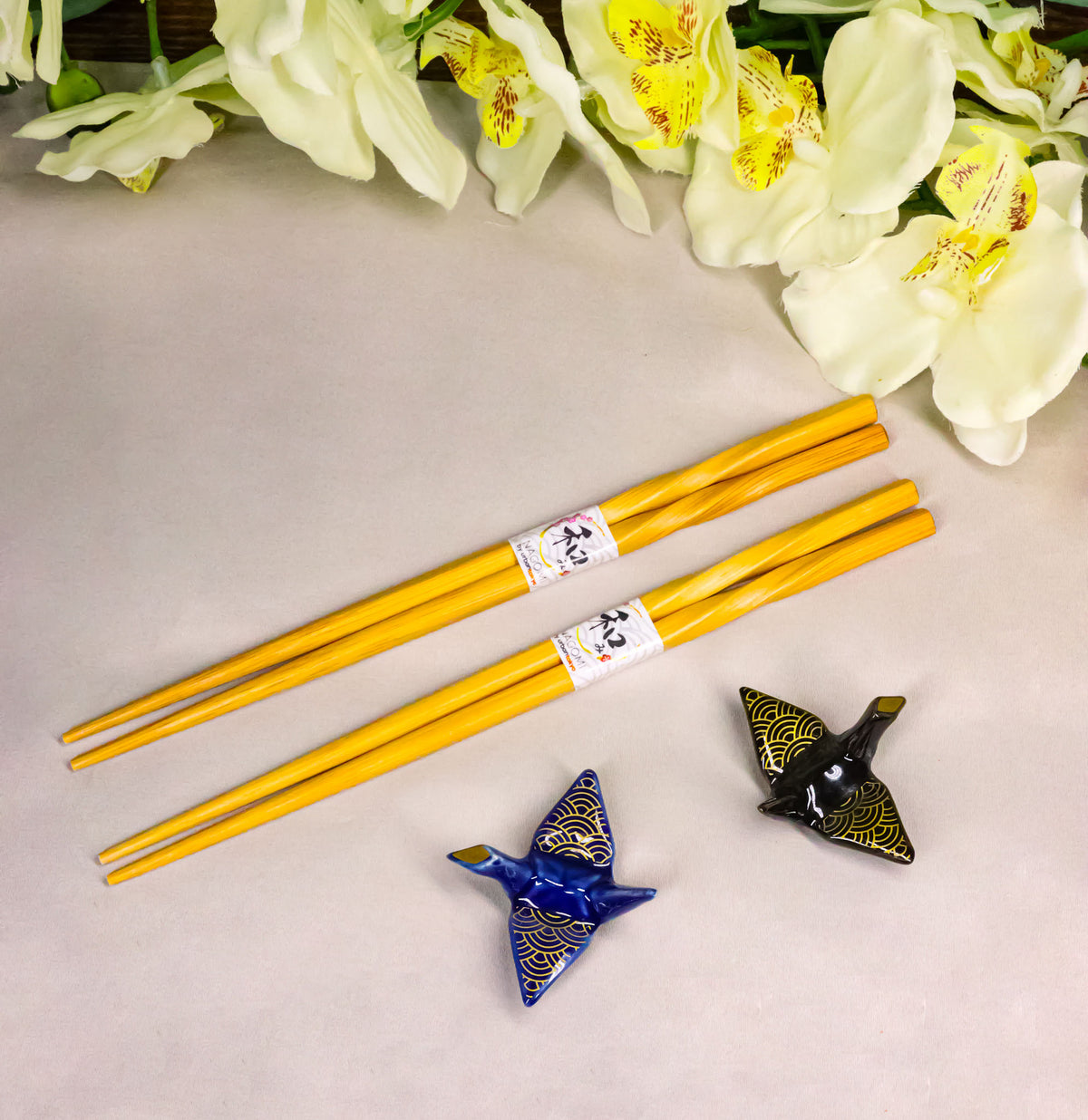 Blue And Black Seigaiha Artful Cranes Set of 2 Chopsticks And Ceramic Rests Set