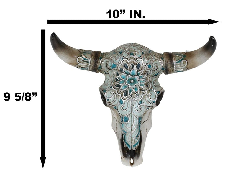 Western Turquoise Floral Horned Cow Skull Wall Decor Plaque