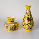 Yellow Bird On Flower Tree Porcelain Sake Carafe Flask And 4 Ochoko Cups Set