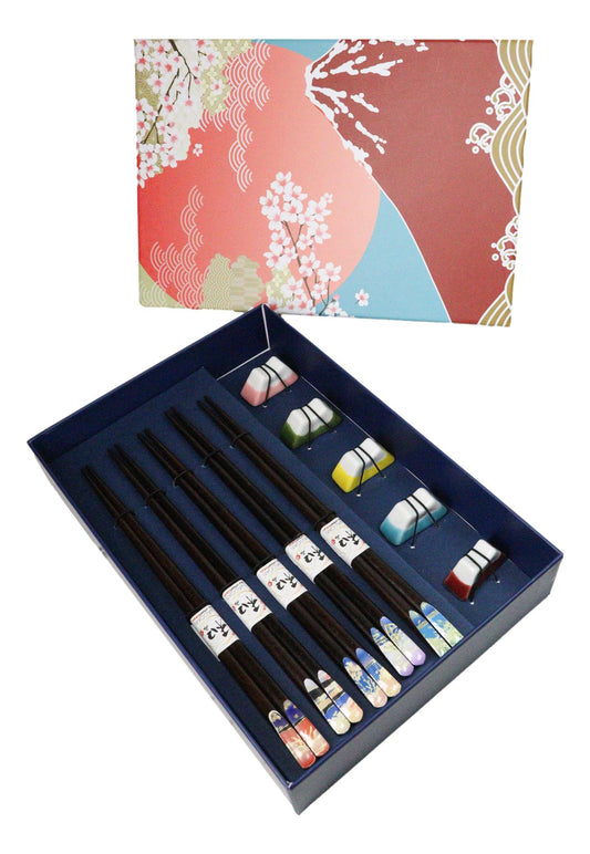 5 Pairs Of Fuji Mountain Miniature Ceramic Rests With Wooden Chopsticks Set