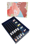 5 Pairs Of Fuji Mountain Miniature Ceramic Rests With Wooden Chopsticks Set