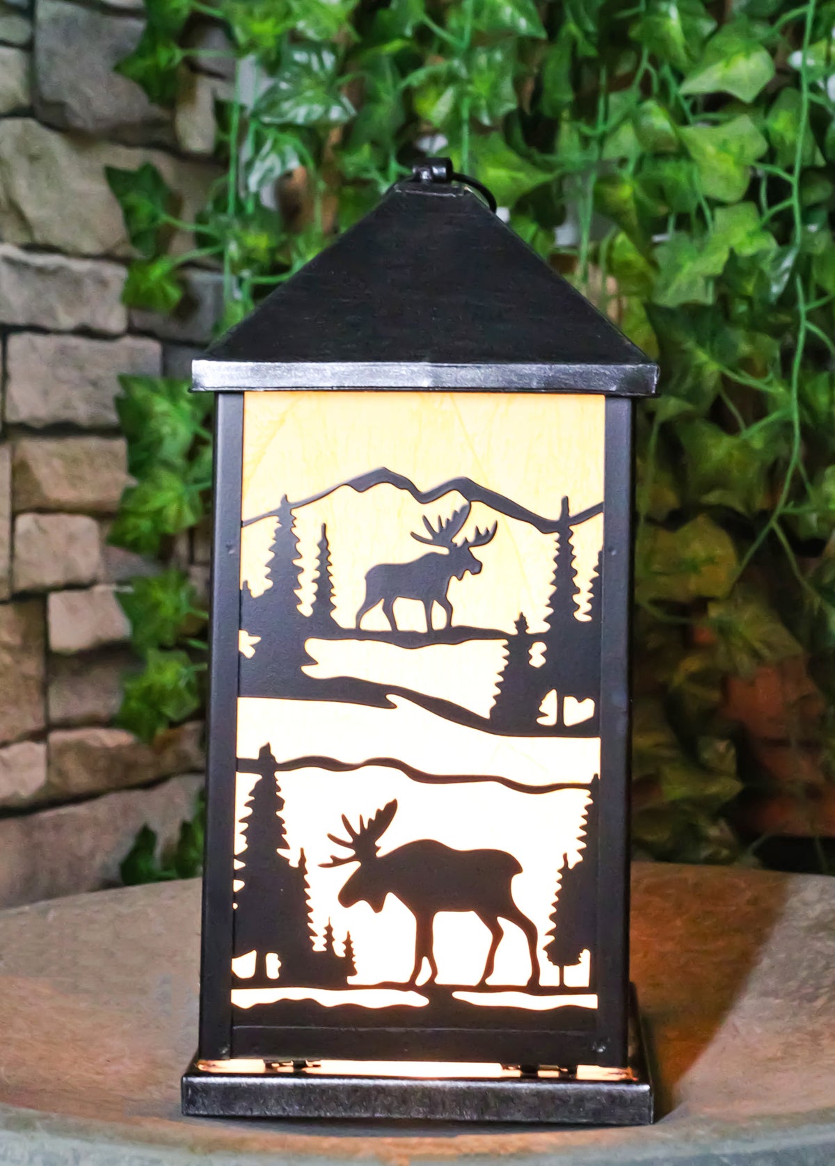 Rustic Deer Moose Scenic Forest Mountains Electric Metal Wall Or Floor Lantern - Ebros Gift