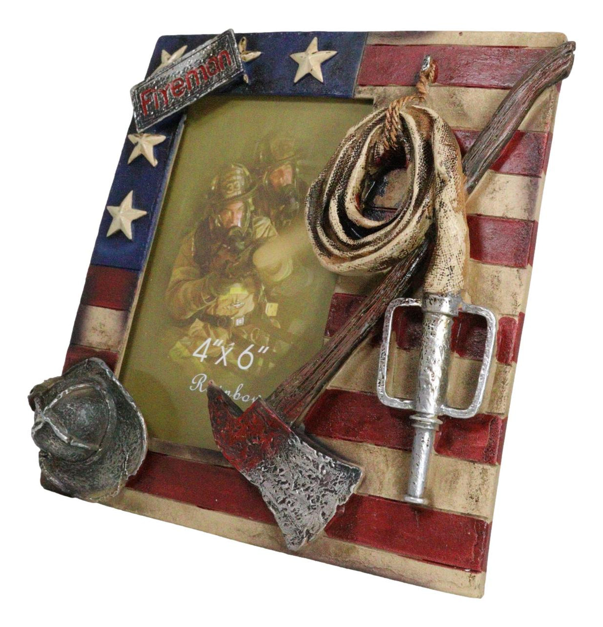 Patriotic Fire Department Fireman Helmet Hose Axe USA Flag 4"X6" Picture Frame