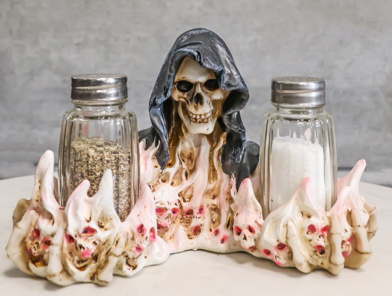 Grim Reaper Skeleton With Damned Souls Lake Of Fire Salt And Pepper Shakers Set