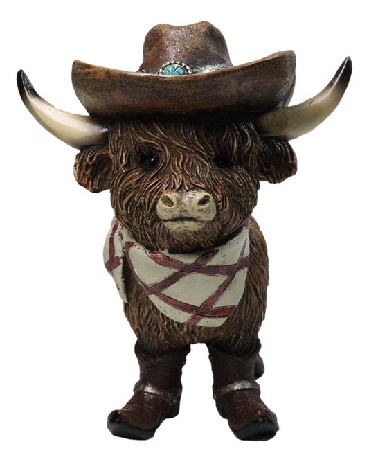 Western Scottish Highlands Cattle Cow Turquoise Rock Cowboy Hat Boots Figurine