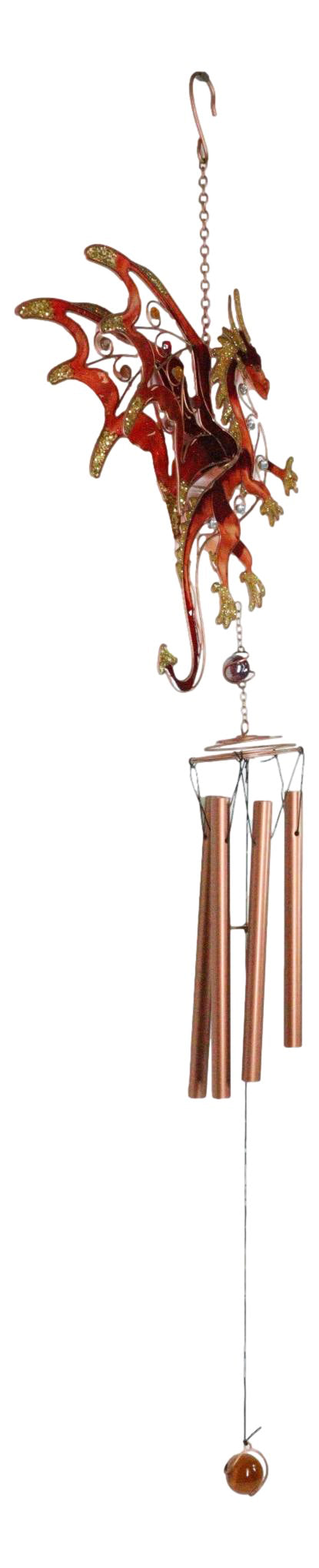 Medieval Fantasy Red Gold Fire Dragon Cross Art Glass Gemstones Metal Wind Chime