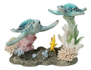 Marine Ocean Blue Sea Turtles Family With Yellow Fish And Coral Reef Figurine