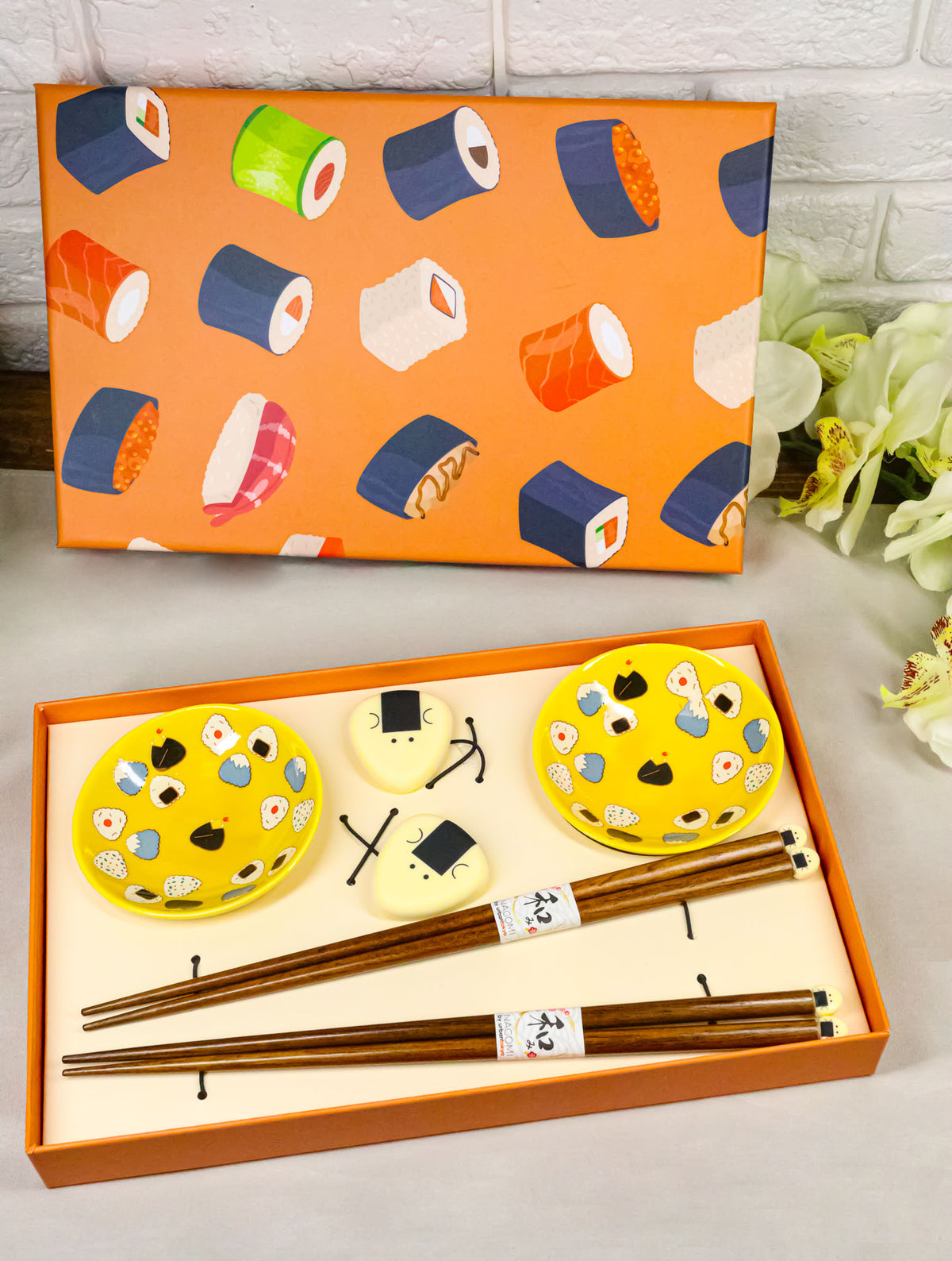 Onigiri Rice Balls Yellow Sauce Dishes Chopsticks And Rests Sushi Set For 2