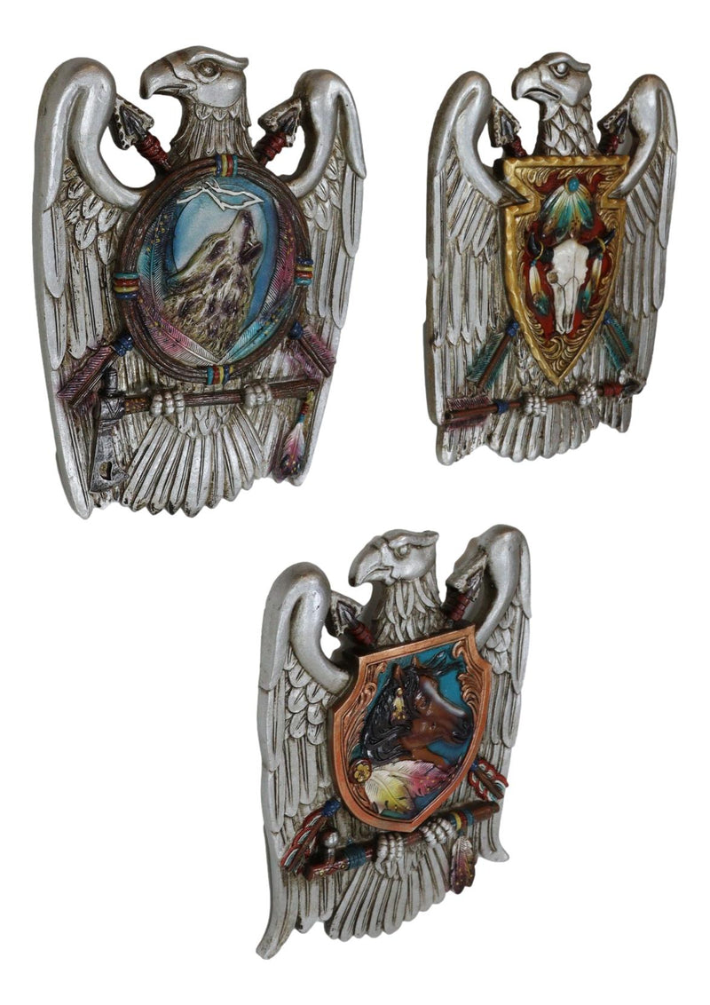 Set of 3 Silver Bald Eagle Shield And Arrows Cow Skull Horse Wolf Wall Decors