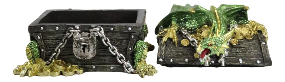 Gold Green Treasure Dragon Guarding Pirate Chest Decorative Jewelry Trinket Box - Ebros Gift