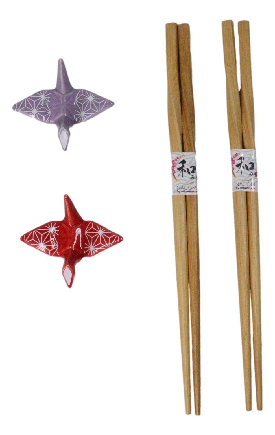Red And Purple Origami Cranes Set of 2 Wooden Chopsticks And Ceramic Rests Set