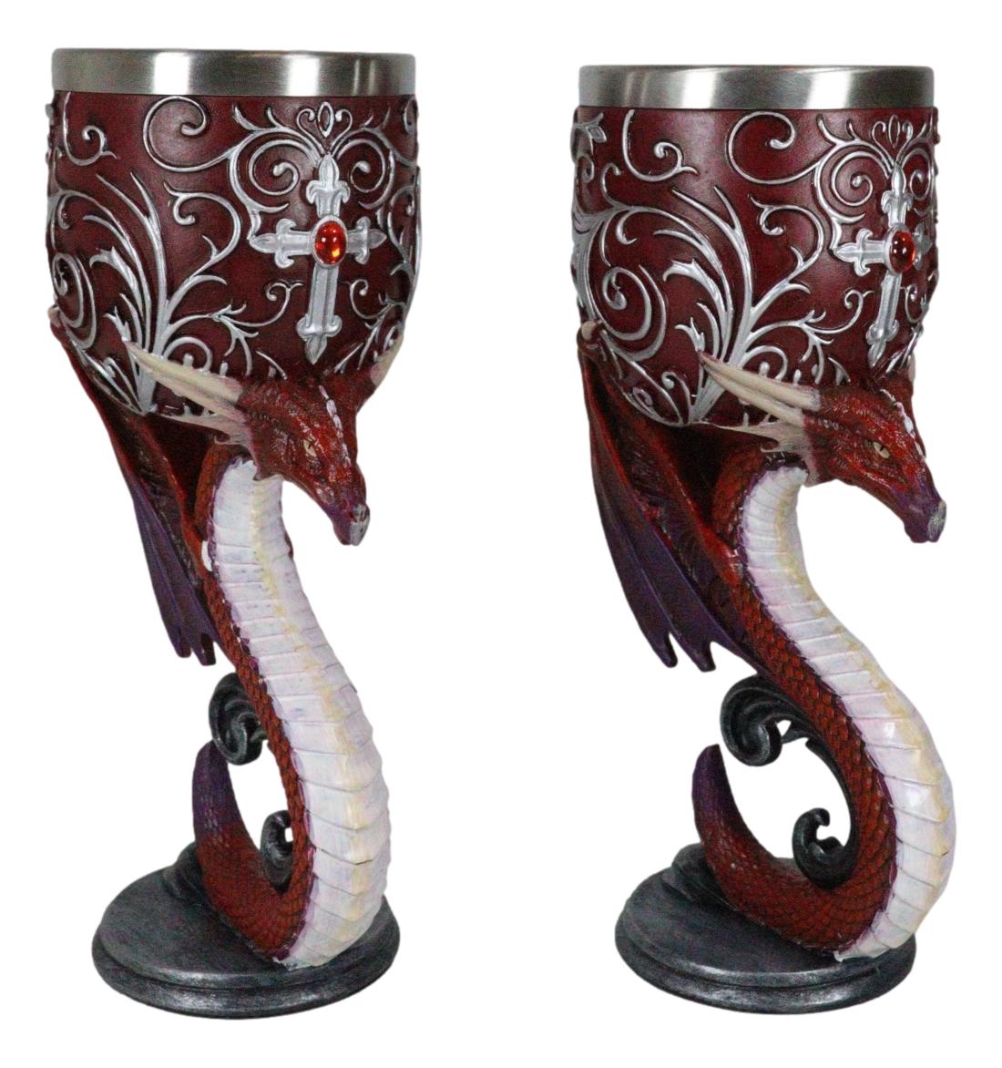 Set Of 2 Fantasy Maroon Dragons Devotion Love Hex Heart Baroque Wine Goblets