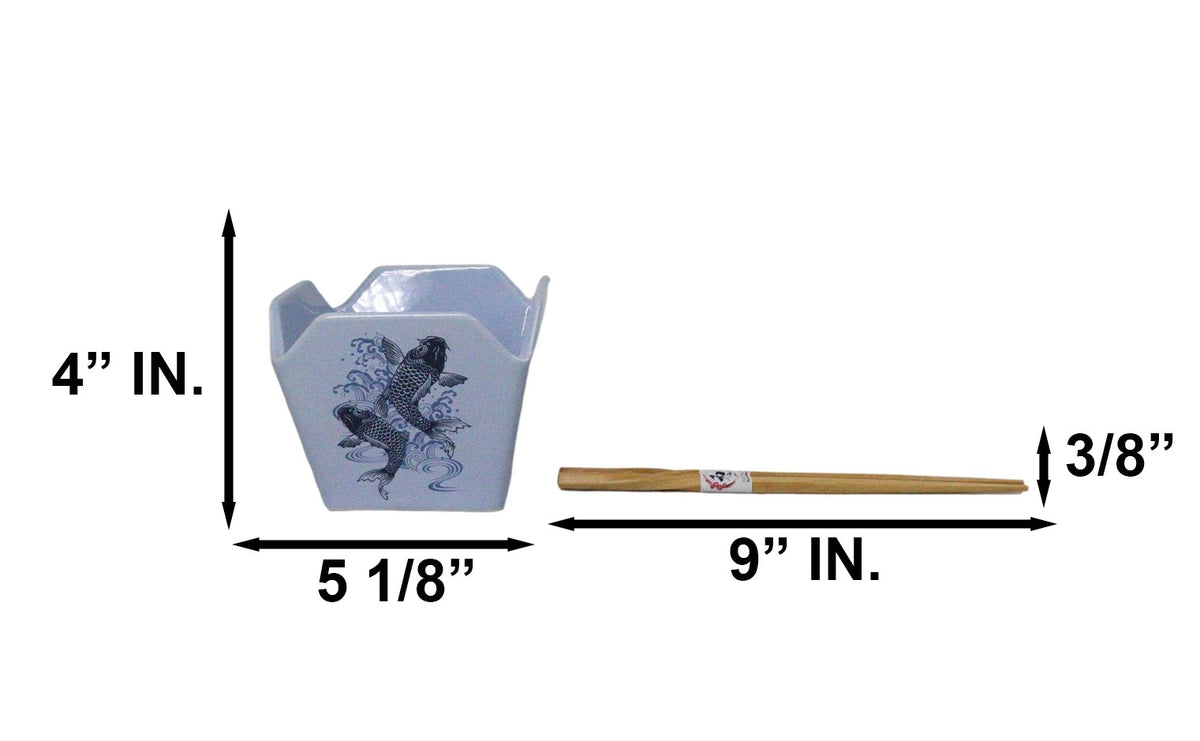 Blue Koi Fishes In Water Takeout To Go Box Serving Bowl With Chopsticks Set