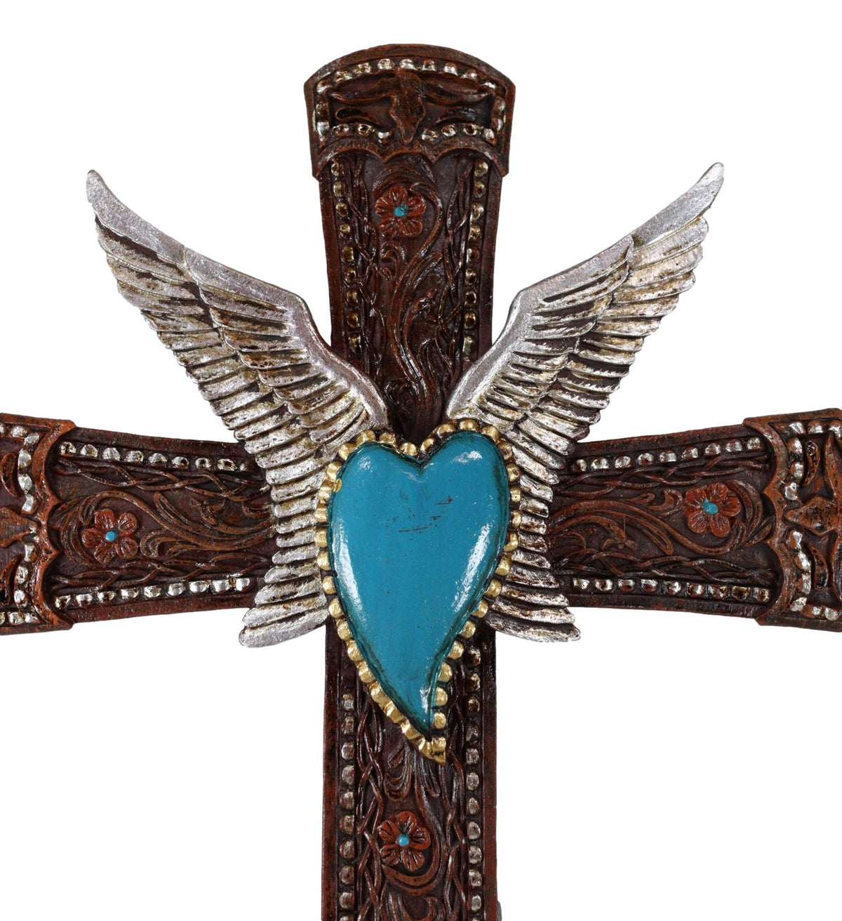 Western Boho Chic Turquoise Heart Angel Wings Tooled Floral Leather Wall Cross - Ebros Gift
