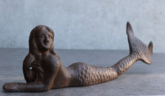 Rustic Cast Iron Nautical Siren Mermaid with Tail Stretched Out Statue 9.5"L - Ebros Gift