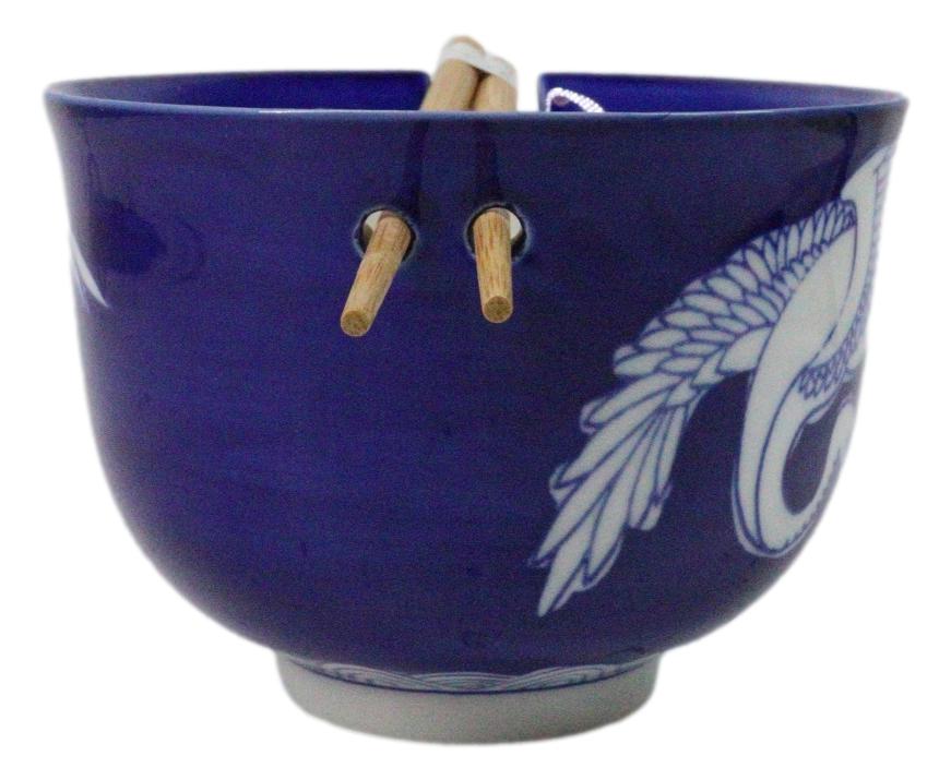 Blue And White Japanese Crane Ramen Donburi Soup Rice Bowl With Chopsticks Set
