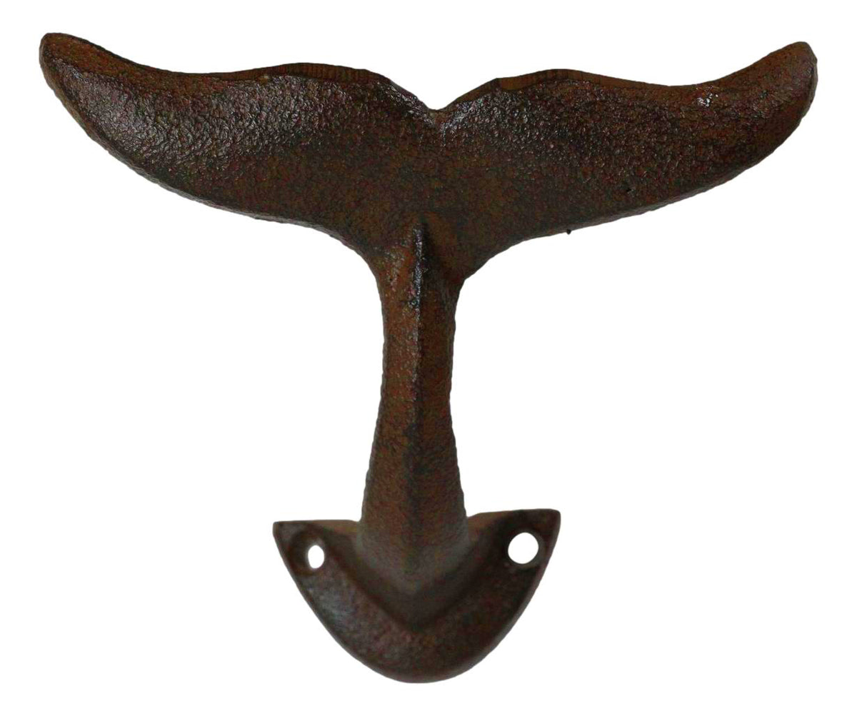 Set of 2 Cast Iron Nautical Baleen Blue Whale Tail Wall Coat Hooks Rust Bronze