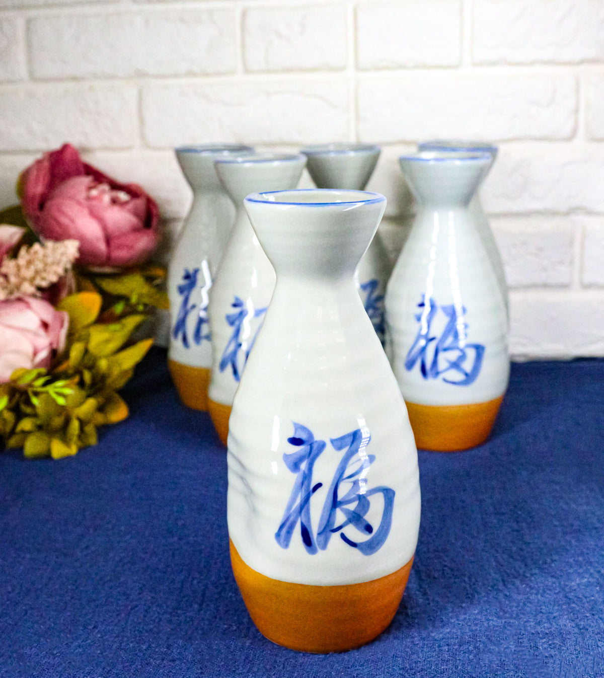 Pack Of 6 White And Caramel Fuku Kanji Japanese Wine Sake Tokkuri Bottle Flask