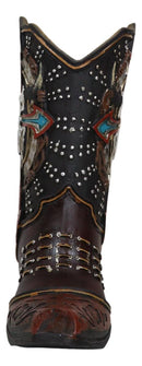 Western Cow Skull Turquoise Cross and Barbed Wires Cowboy Boot Vase Figurine