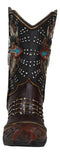 Western Cow Skull Turquoise Cross and Barbed Wires Cowboy Boot Vase Figurine