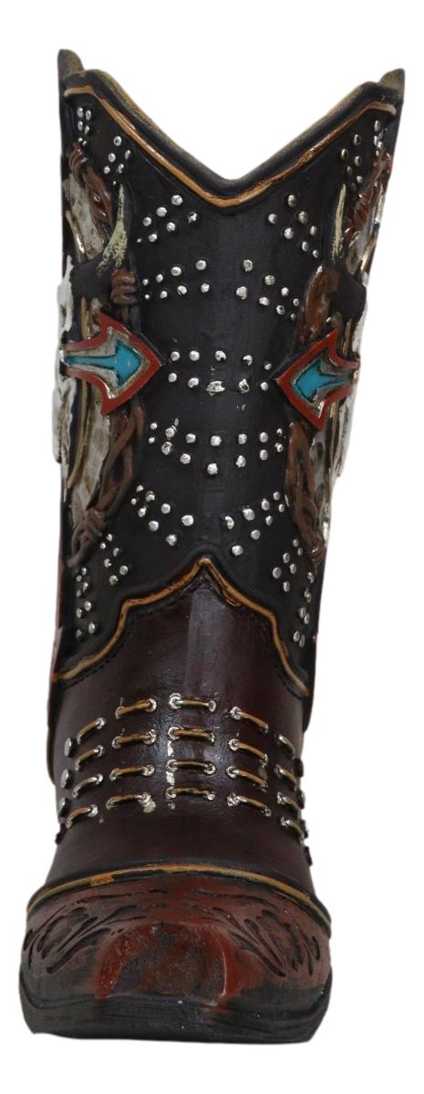 Western Cow Skull Turquoise Cross and Barbed Wires Cowboy Boot Vase Figurine