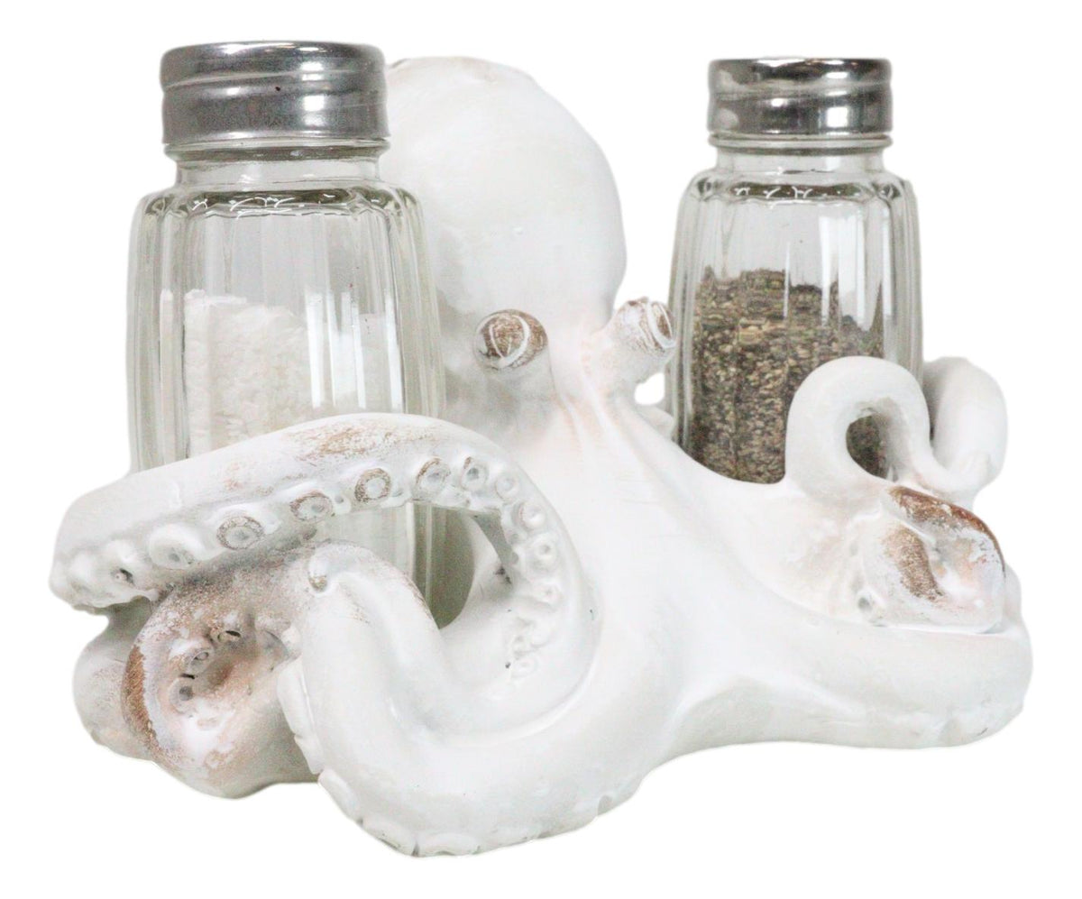 Antique White Nautical Marine Cephalopod Octopus Salt Pepper Shakers Holder Set