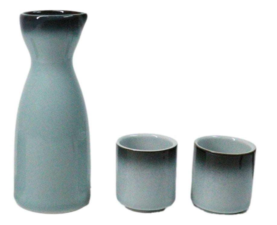 Blue Sky And Stars Seikai Porcelain Japanese Wine Sake Flask With 2 Cups Set