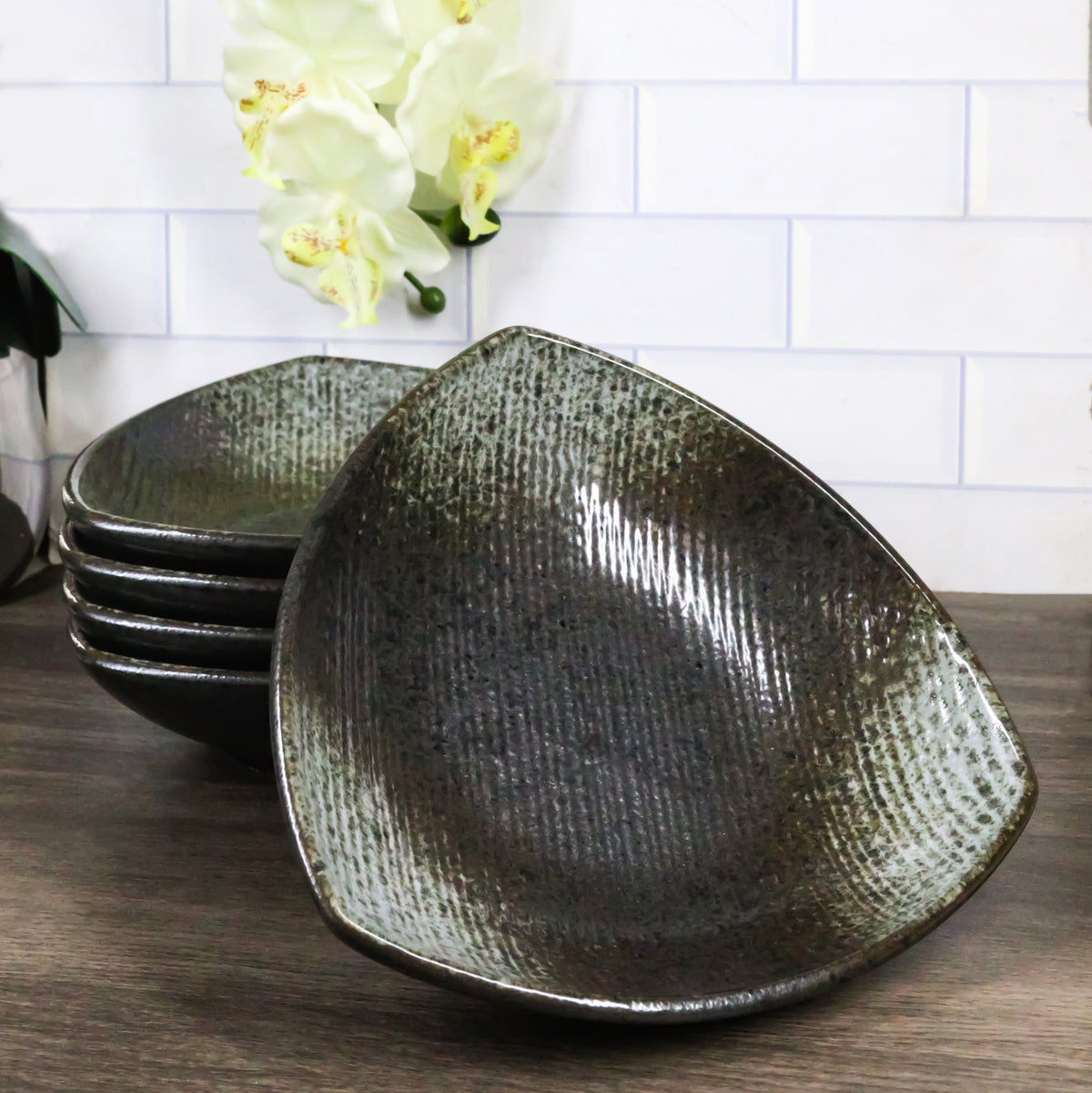 Set Of 5 Charcoal Grey Hakumu Ceramic Appetizer Salad Triangular Deep Plates