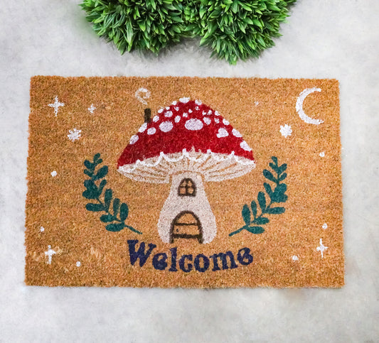 Welcome Toadstool Mushroom Home Wicca Coir Coconut Fiber Floor Mat Doormat 24"L