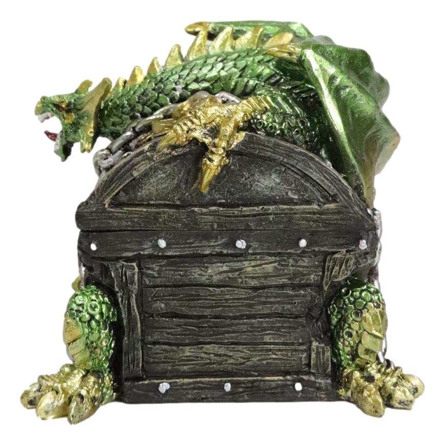 Gold Green Treasure Dragon Guarding Pirate Chest Decorative Jewelry Trinket Box - Ebros Gift