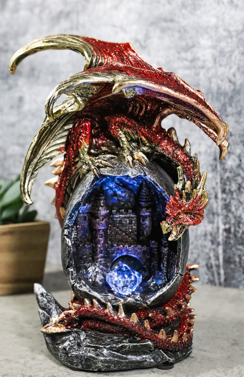 Fantasy Red Gold Dragon On Giant Egg LED Cavern With Medieval Castle Figurine