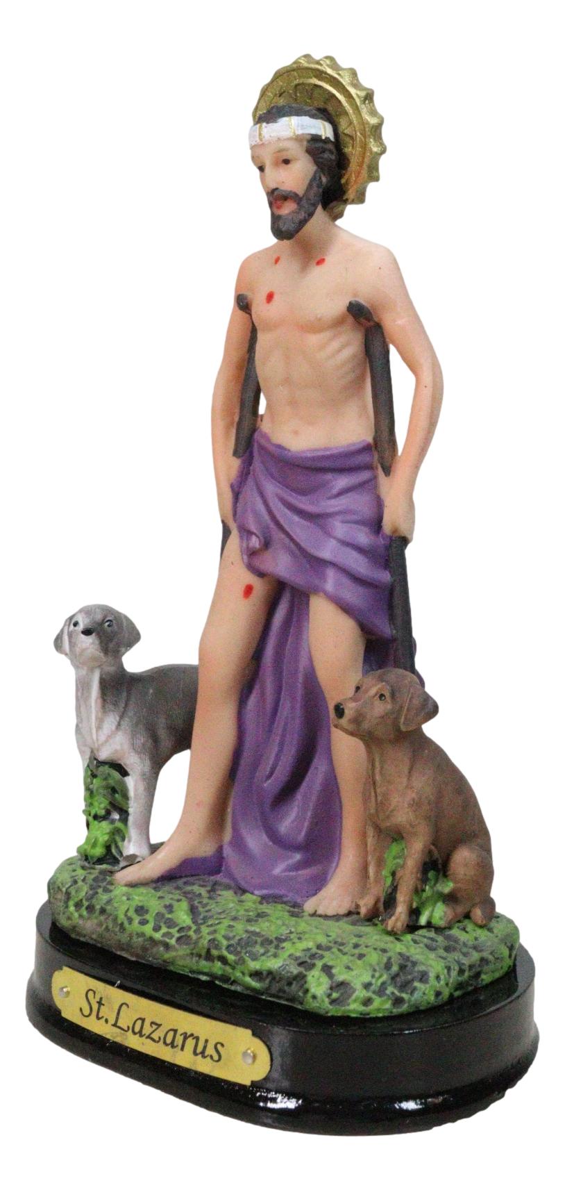 Catholic Saint Lazarus with Dogs and Sun Border Medal Figurine With Name Base - Ebros Gift