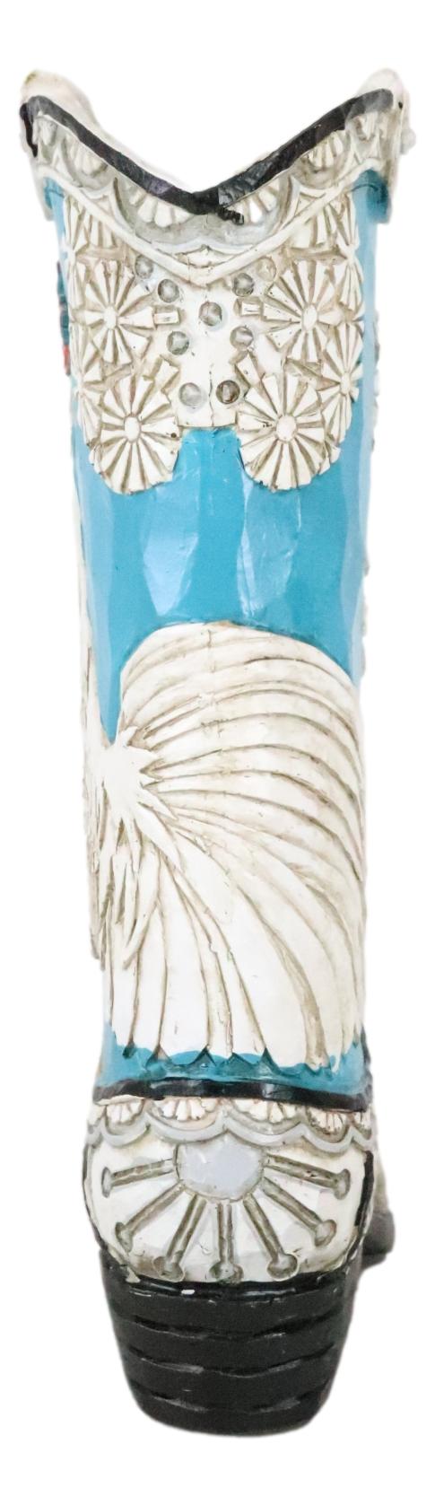 Rustic Western Blue Turquoise White Breasted Rooster Cowboy Boot Vase Figurine