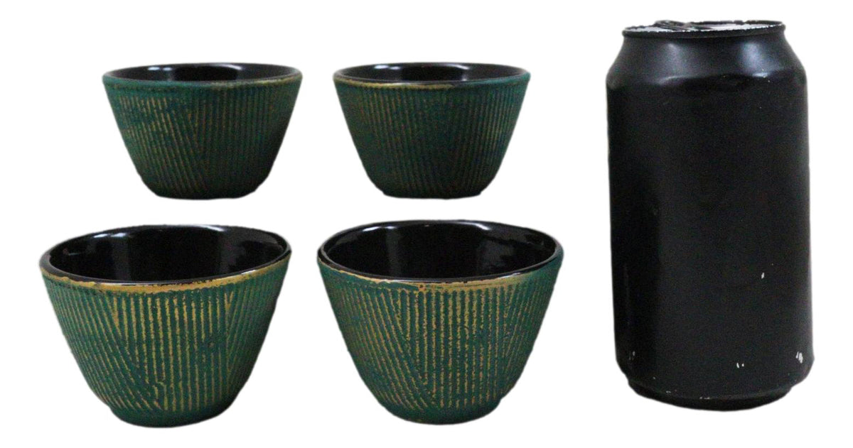 Pack Of 4 Green With Gold Hues Cast Iron Tetsubin Textured Tea Cups 3oz