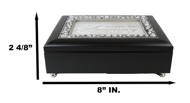 Happy 25th Anniversary Burlwood With Crystals & Silver Motif Musical Trinket Box
