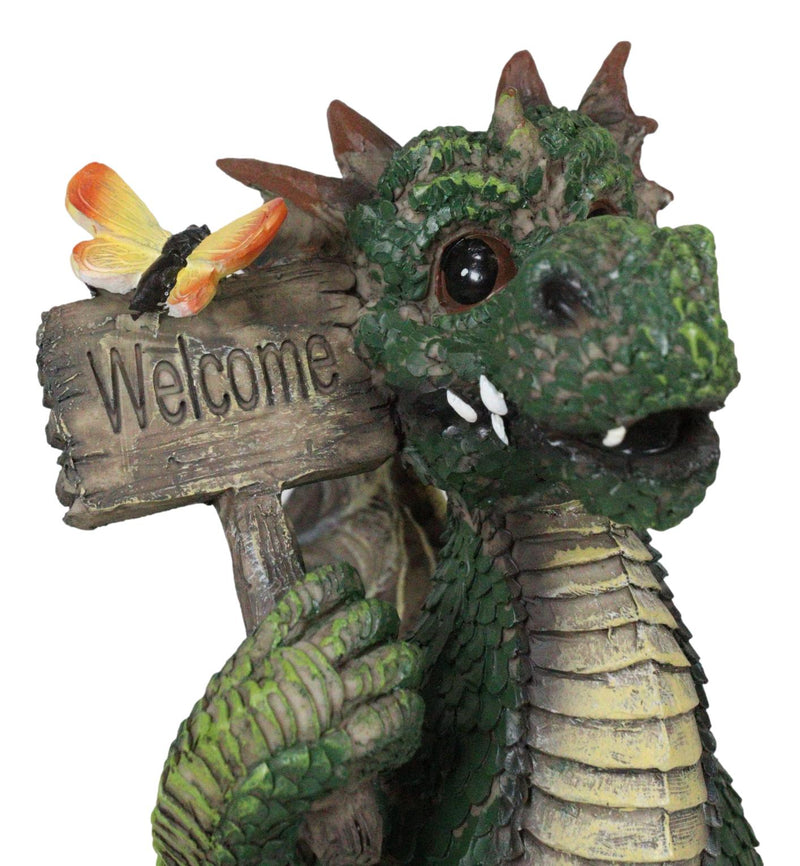 Whimsical Green Garden Dragon With Butterfly With Welcome Plank Sign Figurine