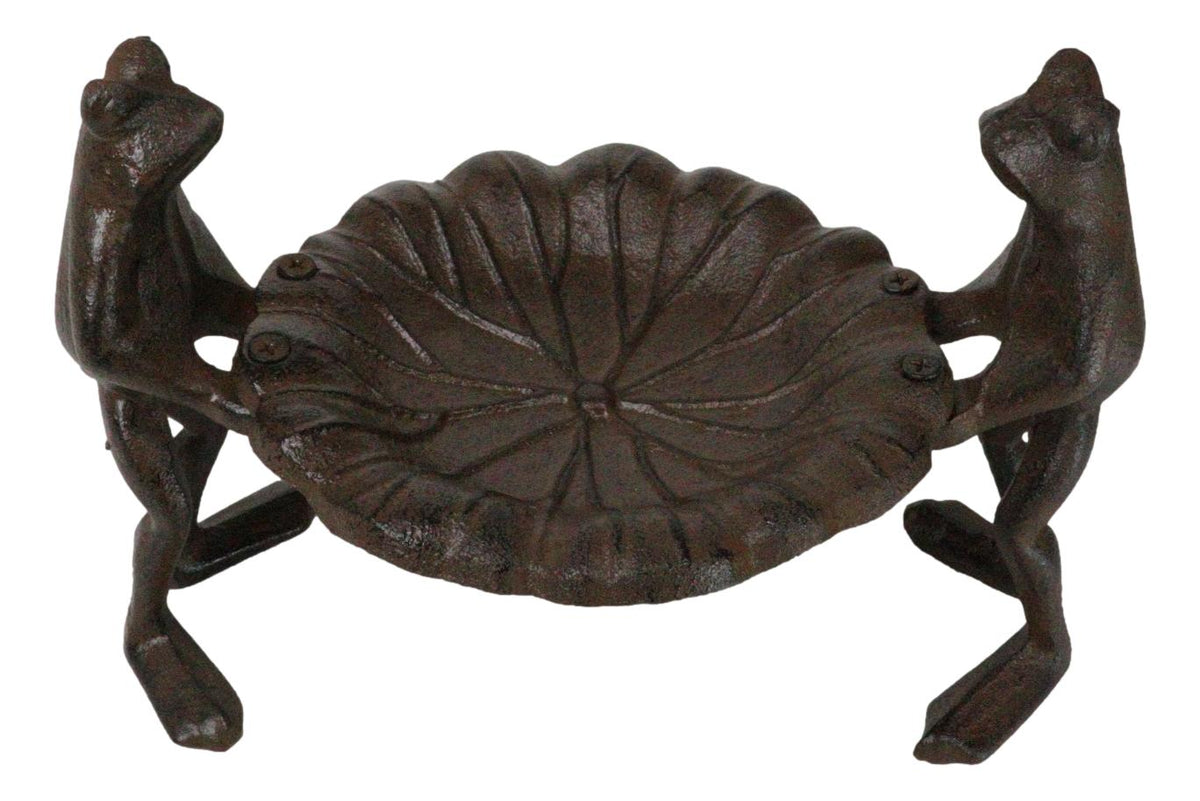 Cast Iron 2 Toad Frogs With Waterlily Lily Pad Bird Feeder Bath Garden Figurine - Ebros Gift