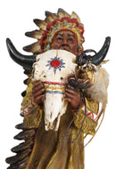 Indian Tribal Warrior Chief with Roach Headdress Holding Ox Cow Skull Figurine