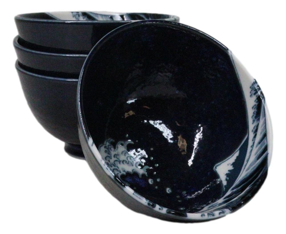 Set Of 4 Blue Japanese Hokusai Great Wave Porcelain Soup Rice Dessert Bowls 11oz