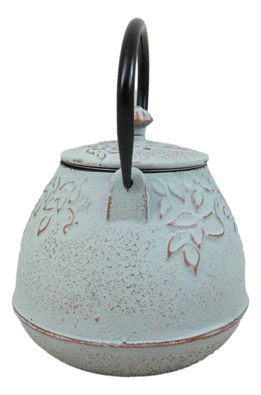 Rustic Mint Green Leaves Design Cast Iron Tetsubin Teapot With Enamel Liner 32oz