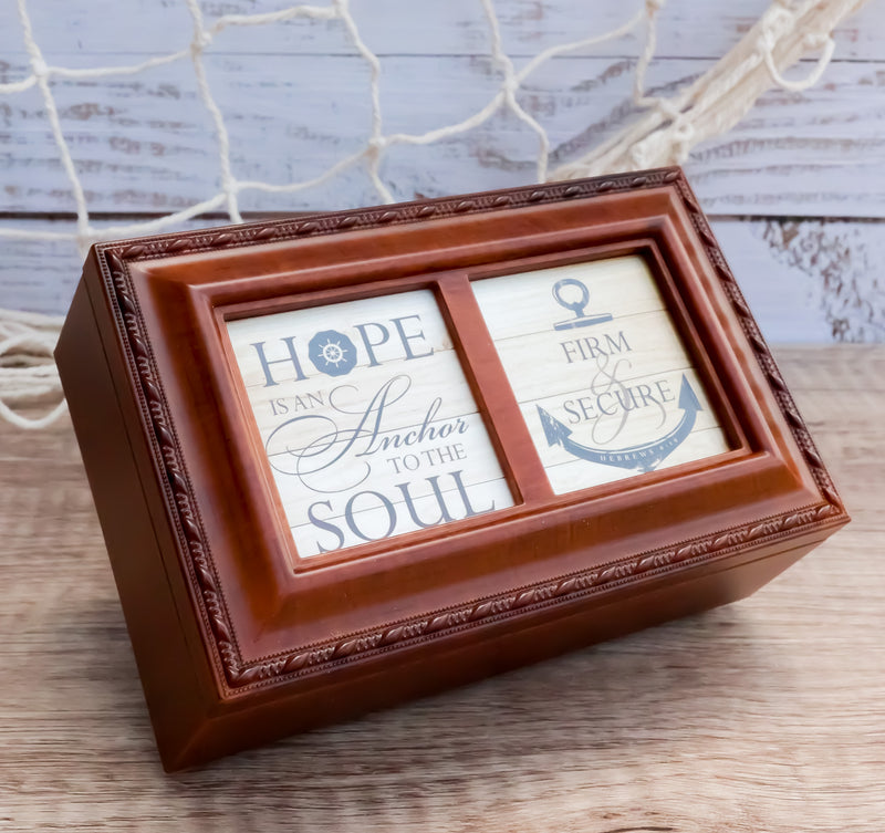 Hope Is An Anchor To The Soul Polished Rope Trimmed Burlwood Musical Trinket Box