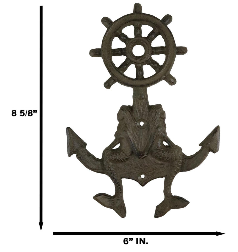 Cast Iron Rustic Nautical Mermaids On Ship Anchor And Helm Double Wall Hooks