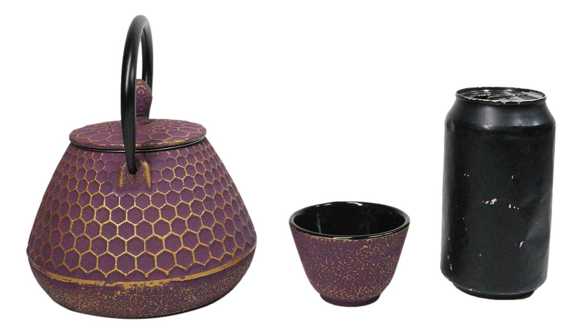 Royal Purple And Gold Honeycomb Tetsubin 27oz Cast Iron Tea Pot With 4 Cups Set